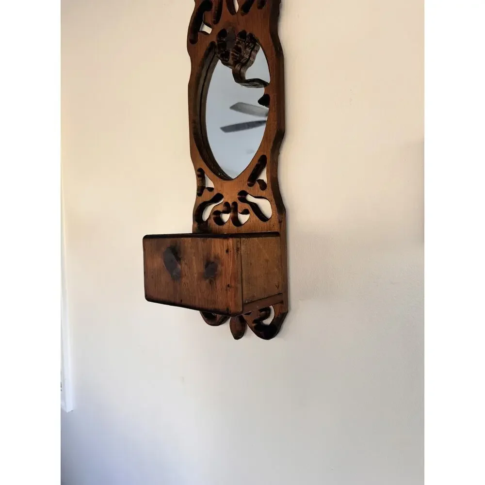 1970’s Rustic Farmhouse Style Carved Wood Wall Hanging Mirror W/ Storage 34x9”